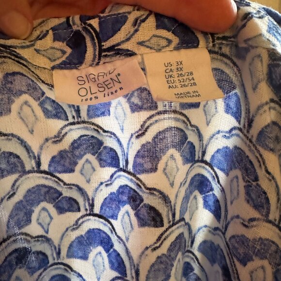 Sigred Olsen 100% Linen Blue & White Short Sleeve Button-Up Top Size 3X - Picture 6 of 12